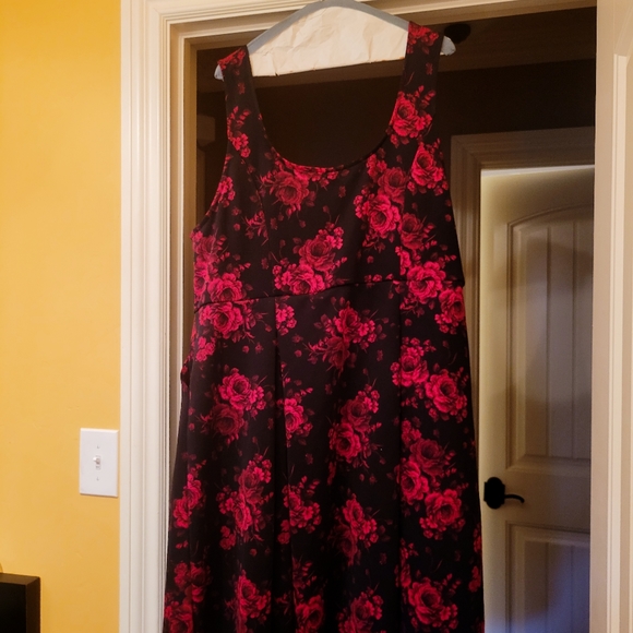 Black & Red Floral Scuba Skater Dress w/ Hidden Front Pockets, Sweetheart Neck - Picture 4 of 15